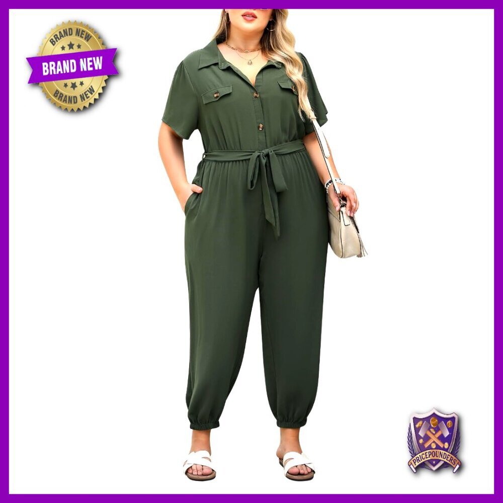 Plus Size Jumpsuit with Belt and Pockets, Long Pants Romper for Summer